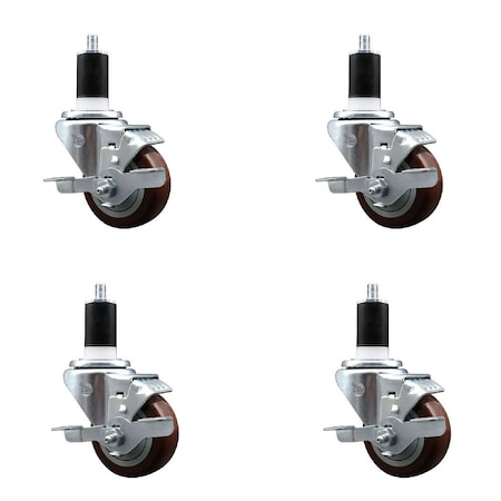Service Caster 3'' Maroon Poly Swivel 1-1/2'' Expanding Stem Caster Set with Brake, 4PK SCC-EX20S314-PPUB-MRN-TLB-112-4